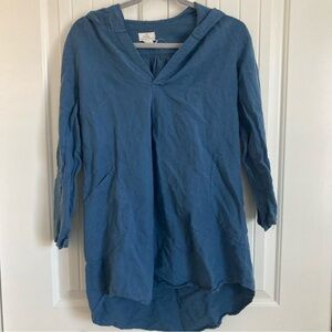 Dr. Flax Womens Blouse S/M Linen Blue Pockets Hooded Lagenlook